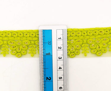 Green Net Lace Trim With Floral Embroidery And Gold Sequins, Sequinned Trim, Wedding Trim Bridal Trim
